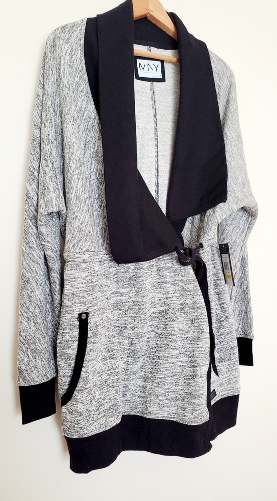 Andrew Marc gray and black long sweater jacket - Picture 2 of 7